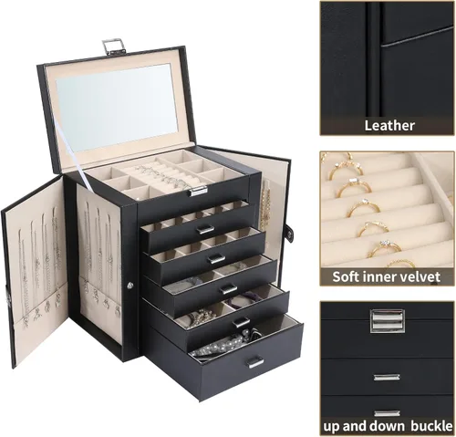 Vista 2 de Joyero para mujer, organizador grande de 6 capas con cerradura y 5 cajones para almacenamiento de joyas, joyero grande para regalo de Navidad