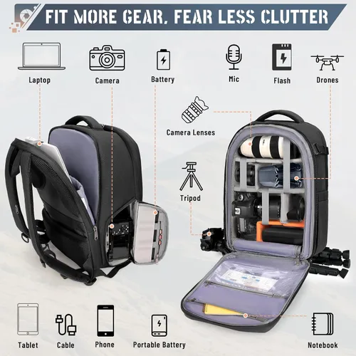 Vista 2 de RAINSMORE Mochila para cámara de carcasa dura para DSLR/SLR, bolsa impermeable para cámara con compartimento para laptop de 15.6 pulgadas, estuche