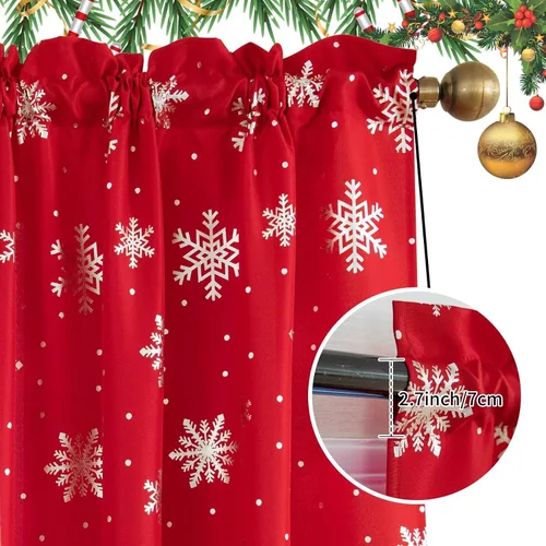 Vista 8 de Cortinas navideñas para sala de estar, cortinas de lujo con estampado de copos de nieve, cortinas de ventana con bolsillo para barra, cortinas