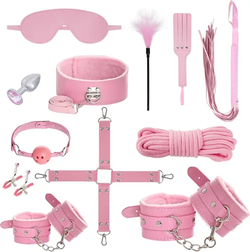 Vista 13 de Rbenxia 12 piezas de kits de restricciones BDSM Bondage para el sexo, esposas de fetiche, esposas de tobillo, collar, venda para los ojos, látigo