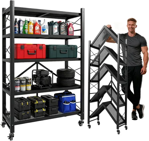 Vista 12 de Grezone Estantes plegables de 3 niveles de almacenamiento de metal resistente con ruedas – No se ensambla unidad de estantería plegable para cocina