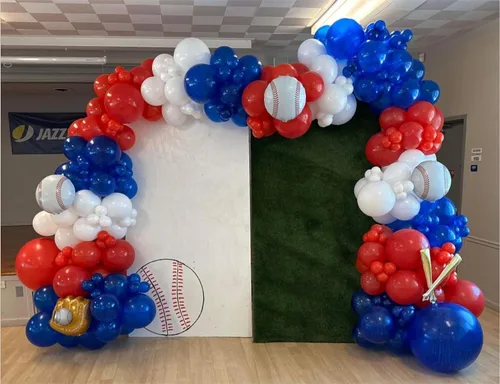 Vista 5 de Kit de guirnalda de arco de globos de béisbol, kit de guirnalda de arco de globos rojos, blancos y azules para fiestas deportivas, cumpleaños