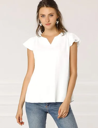 Vista 4 de Allegra K Blusa de manga casquillo corta, lisa, multiusos, para mujer