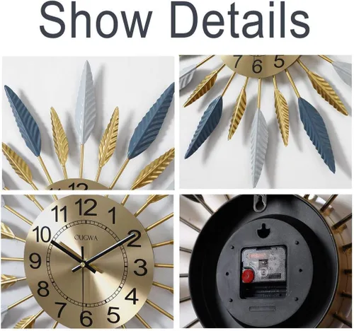 Vista 3 de Clock Wall Clock Large Wall Clock,Retro Feather Geometric Design,Mute Golden Clock,Modern Polychromatic Vintage Metal Wall Clock Kitchen,Blue