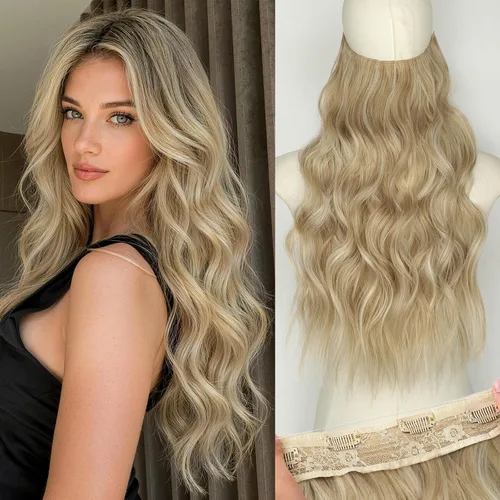 Vista 85 de KooKaStyle Extensiones de cabello de alambre invisible con diadema transparente, tamaño ajustable, 4 clips de seguridad, largo, ondulado, alambre