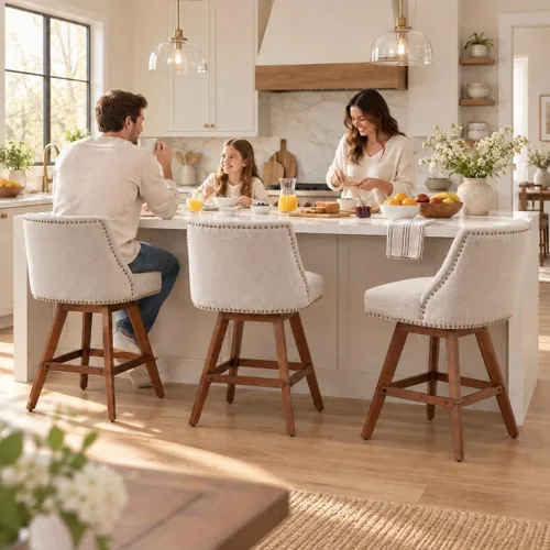 Vista 5 de Juego de 2 taburetes de bar giratorios modernos, taburetes de bar de 26.6 pulgadas de altura de mostrador beige con respaldo para isla de cocina