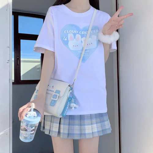Vista 6 de Kawaii Clothes - Camiseta de cuello redondo con estampado de corazón de dibujos animados pastel