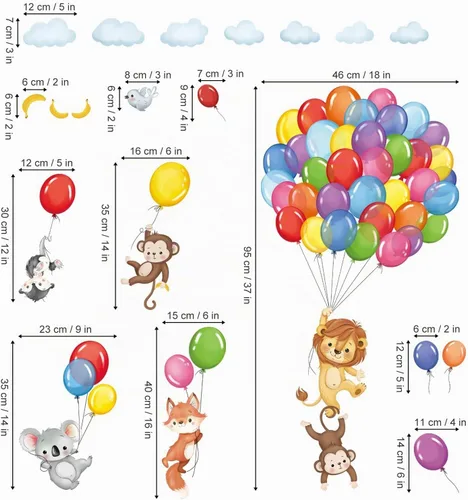 Vista 4 de decalmile Calcomanías de globos de animales del bosque, calcomanías de pared de mono, león y koala para bebé, guardería, dormitorio de niños
