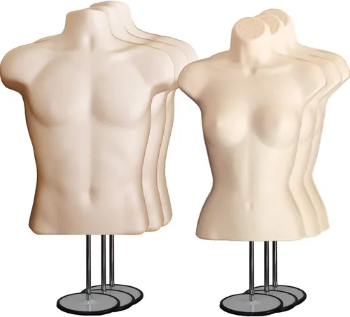 Vista 18 de Maniquí de torso masculino y femenino con soporte de metal, cuerpo con respaldo hueco, apilable, forma de vestido para exhibición de camisetas Negro