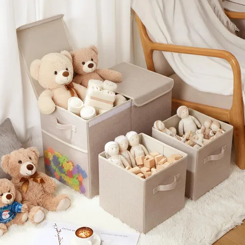 Vista 7 de Paquete de 3 Cajas Grandes de Almacenamiento de Juguetes de 23" con Cubos Contenedores de 11", Organizador Cofre de Juguetes Plegable con Tapas