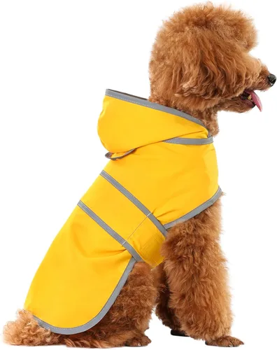 Vista 22 de Impermeable para perros pequeños y cachorros, chaqueta impermeable con capucha con tiras reflectantes, agujero para la correa y poncho de ajuste
