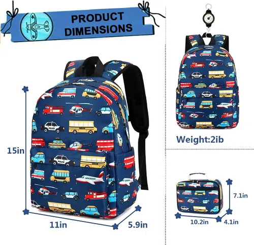 Vista 5 de Mochila escolar para niños con fiambrera para niños, para jardín de infantes, mochila escolar para niños pequeños, Patrón de avión para coche