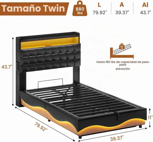 Vista 2 de ADORNEVE Marco de Cama Individual con Almacenamiento Elevable con Estación de Carga Tipo C y Cabecera con Almacenamiento Oculto, Cama de Plataforma