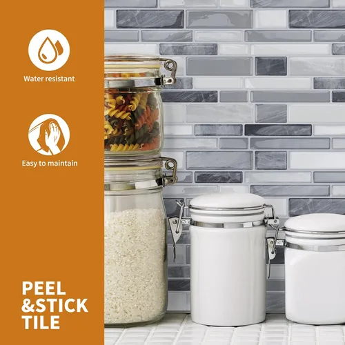 Vista 4 de WOWSTAR Azulejos Autoadhesivos de 10 Hojas para Salpicadero de Cocina, Azulejos Adhesivos para Salpicadero de Cocina (12"x 12", Gris)