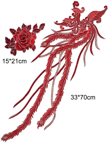 Vista 3 de Parches bordados de pájaro fénix rojo para coser para decoración de apliques de bordado de ropa