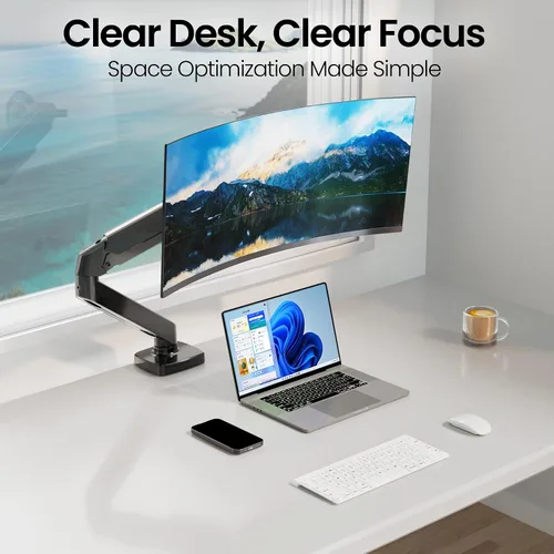 Vista 5 de EVEO Brazo de monitor único premium de 14 a 34 pulgadas, soporte de monitor de resorte de gas ajustable, soporte de escritorio de un solo brazo