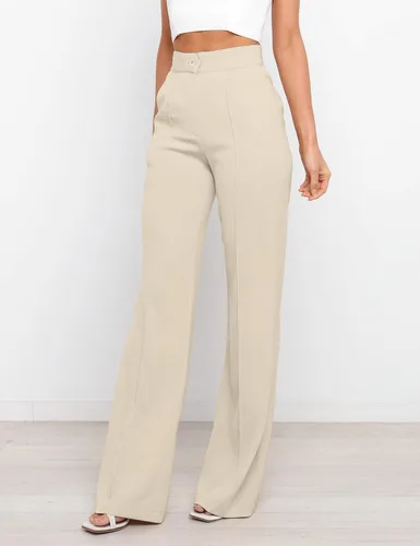 Vista 3 de Pantalones casuales de pierna ancha de cintura alta para mujer, pantalones de vestir con botones para mujer, pantalones de trabajo con bolsillos