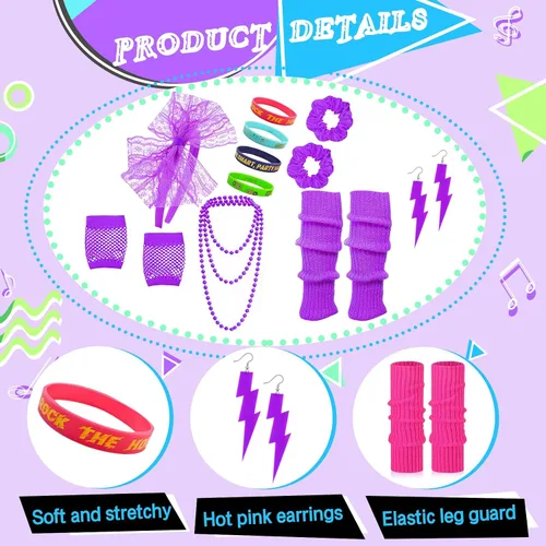 Vista 2 de Accesorios de disfraces de los años 80 y 90 para mujer, diadema de neón de los años 80, aretes, calentadores de piernas, conjunto de traje de fiesta