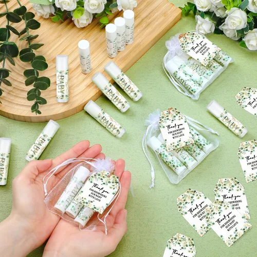 Vista 2 de Dunzy Paquete de 50 regalos de fiesta de baby shower, bálsamos labiales a granel para invitados, niños y niñas, juegos neutros de revelación