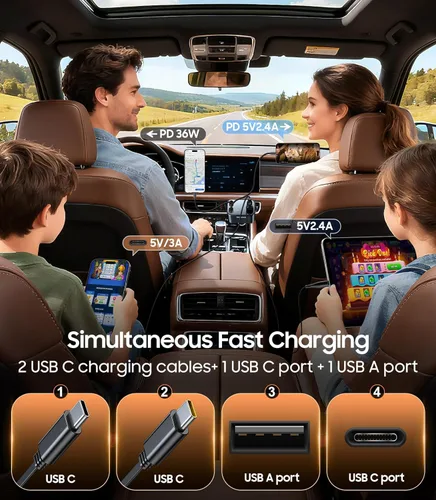Vista 7 de Temdan Cargador de coche retráctil,75W cargador rápido USB C coche camión Gris