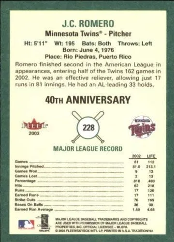 Vista 2 de 2003 Fleer Tradition #228 J.C. Romero MLB Béisbol Trading Card