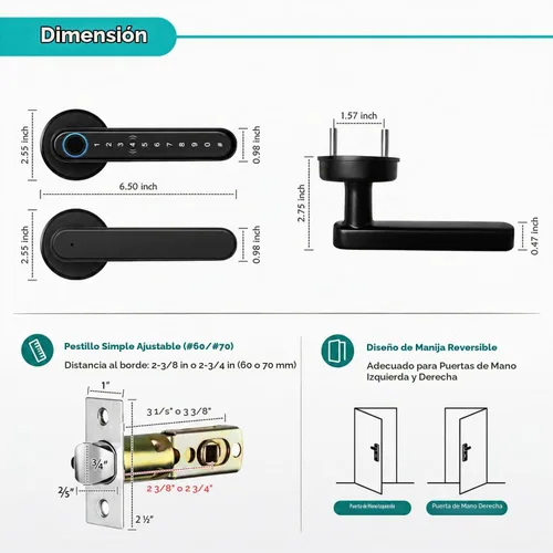 Vista 4 de CATCHFACE cerradura inteligente para puerta, cierre y apertura con huella dactilar/app TTlock/código/llave, con wifi, manija biométrica para puerta