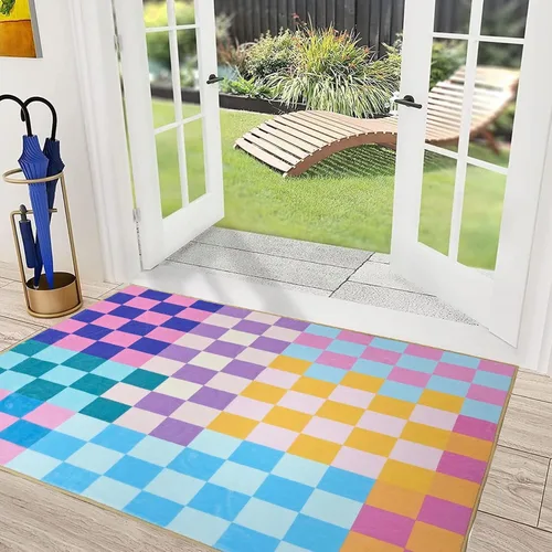 Vista 24 de Alfombra a cuadros de 2 x 3 pies, alfombra negra y blanca moderna para entrada interior, alfombra pequeña lavable a cuadros para baño, alfombra