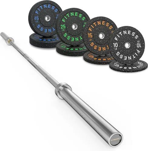 Vista 20 de Olympic Barbell Set, 2-Inch Bumper Plates with Weight Plate Rack Colored Crumb Rubber Weight Plates for Weight Lifting & Strength Training, 90–530