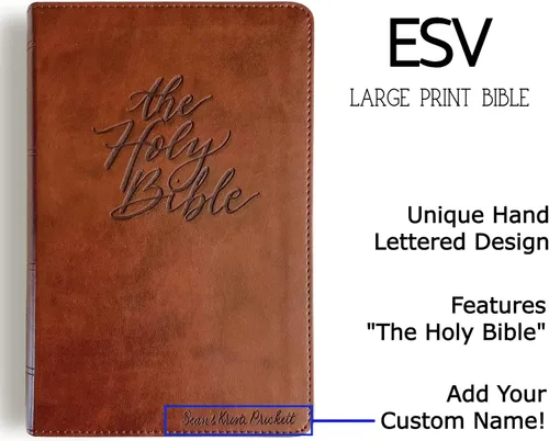 Vista 5 de Biblia ESV con letras a mano y grabadas con láser, letra roja, cubierta marrón, incluye opción para añadir nombre grabado, regalo personalizado