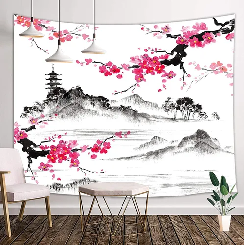 Vista 18 de Tapiz de cascada de bosque, flores de paisaje natural, tapices para colgar en la pared para hombres y niños, decoración de arte de pared, decoración
