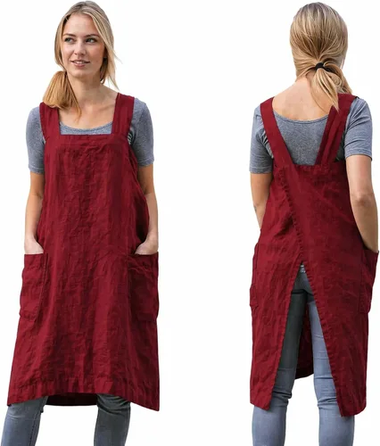 Vista 15 de Delantal Pinafore con espalda cruzada con bolsillos, delantal de lino y algodón, talla grande Negro