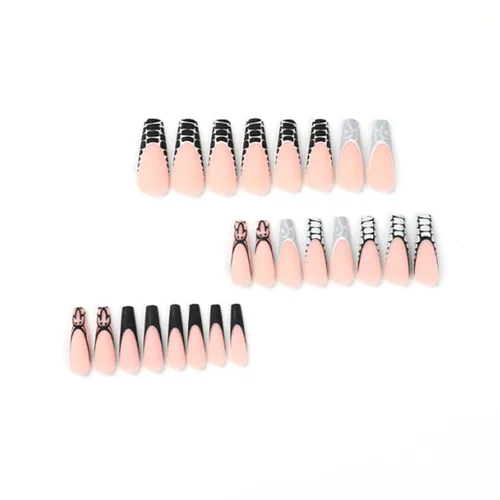 Vista 71 de Uñas postizas francesas a presión, uñas postizas largas de acrílico con forma de ataúd de cobertura completa, uñas postizas de bailarina
