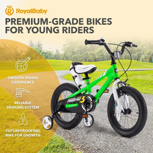 Vista 9 de RoyalBaby Freestyle - Bicicleta con frenos de 2 manijas para niños y niñas, bicicleta de 14 pulgadas con ruedas de entrenamiento para niños pequeños