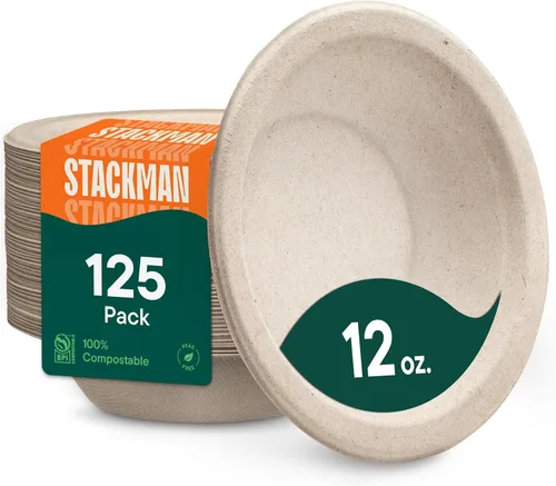 Vista 8 de Stack Man Cuencos de Papel, Cuencos de Sopa Desechables 100% Compostables [Paquete de 125] 12 oz. Resistentes, Ecológicos, Biodegradables de Bagazo