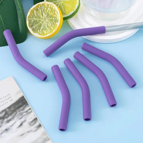 Vista 5 de HINZIC 12 puntas de silicona reutilizables para pajitas de goma de grado alimenticio, puntas de repuesto para codo flexible de color morado