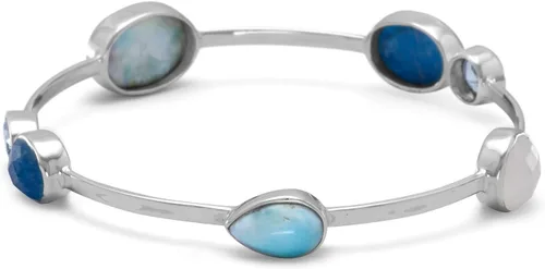 Vista 2 de Larimar, topacio azul, aguamarina teñida, piedra lunar arcoíris pulsera, Gema, larimar aguamarina