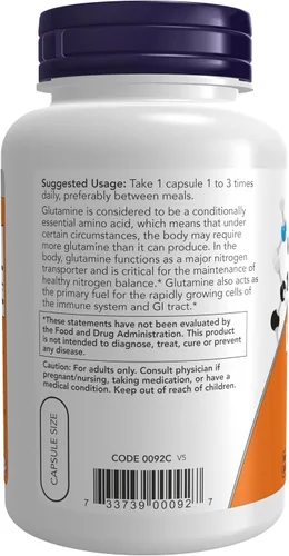 Vista 2 de Now - Suplemento alimenticio de L-Glutamina, 500 mg, aminoácido, transporta nitrógeno, 120 cápsulas veganas, color blanco