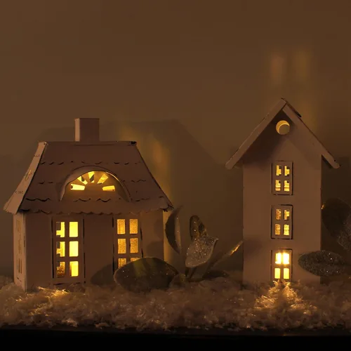 Vista 8 de AuldHome Design Casas de lata decorativas de granja (juego de 3, blanco); linterna de vela decorativa para vacaciones, aldea de Navidad o soporte