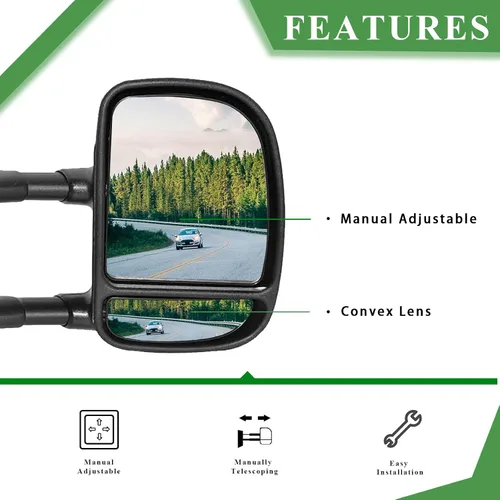 Vista 2 de PZ Espejos de remolque de reemplazo compatibles con Ford Econoline 2003-2014 E-150 E-250 E-350 E-450 E-550 / Juego de par manual de doble brazo