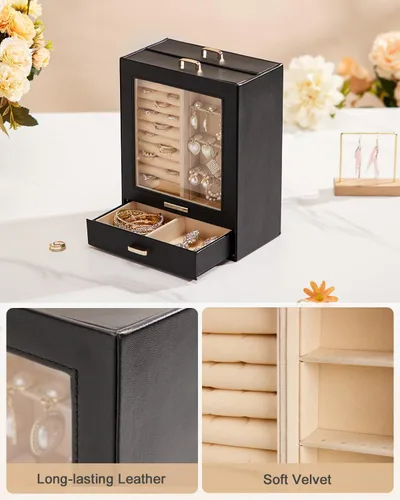 Vista 7 de Homde Organizador de joyas para niñas y mujeres, joyero para collares, anillos, aretes, regalo y pulseras (negro + dorado)