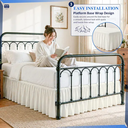 Vista 4 de Cottingon Falda de cama con volantes y esquinas divididas, volantes en polvo, caída de 12 pulgadas, 100 % microfibra, aspecto suave, brillante