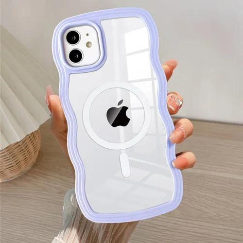 Vista 63 de QLTYPRI Funda magnética para iPhone 11 compatible con Magsafe, bonita funda transparente con marco de onda rizada para niñas y mujeres, parachoques