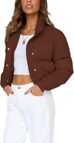 Vista 9 de Uaneo Chaqueta Puffer Recortada para Mujer con Cuello Levantado y Cremallera Frontal, Abrigos Acolchados de Plumón de Invierno