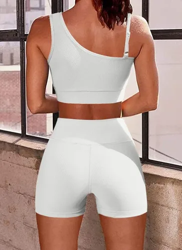 Vista 5 de Conjuntos de entrenamiento para mujer, trajes de 2 piezas, un hombro, sin costuras, brasier deportivo de cintura alta, pantalones cortos