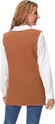 Vista 4 de Fuinloth Chaleco tipo suéter de gran tamaño para mujer, cuello en V, túnica de punto, sin mangas