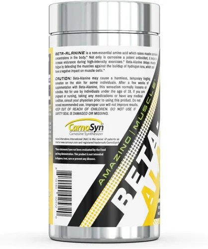 Vista 2 de Amazing Muscle Aminoácido beta alanina 2250 mg por porción Suplemento ideal antes y después del entrenamiento Sin sabor 120 cápsulas