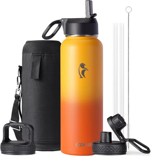 Vista 38 de Coolflask Botella de agua de 24 onzas aislada con pajilla, 3 tapas de metal de acero inoxidable, botella de agua de boca ancha para deportes u