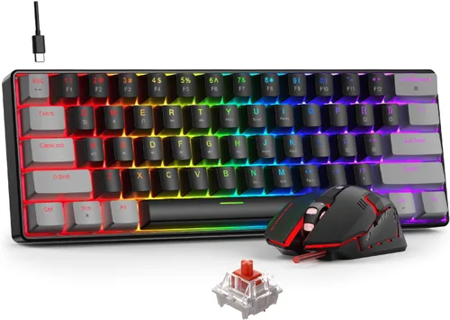 Vista 10 de BlueFinger Combo de teclado y mouse mecánicos para juegos 60% – Teclado RGB con retroiluminación arcoíris de 61 teclas con interruptor rojo y 4 DPI