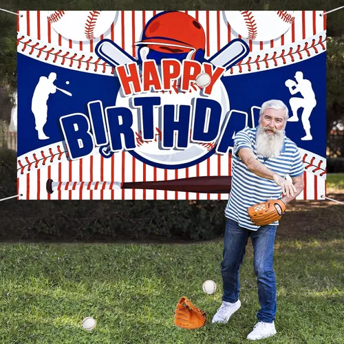 Vista 7 de Decoraciones de fiesta de béisbol con texto en inglés «Happy Birthday» para niños, adolescentes – Cartel grande con temática deportiva