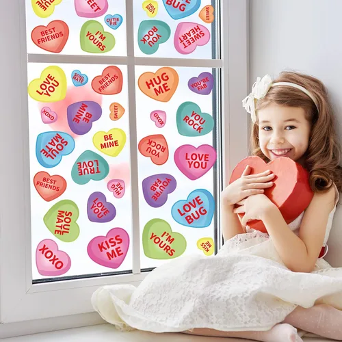 Vista 3 de Whaline 9 hojas de calcomanías románticas de corazón para el día de San Valentín, decoración de corazón de caramelo de doble cara para el hogar